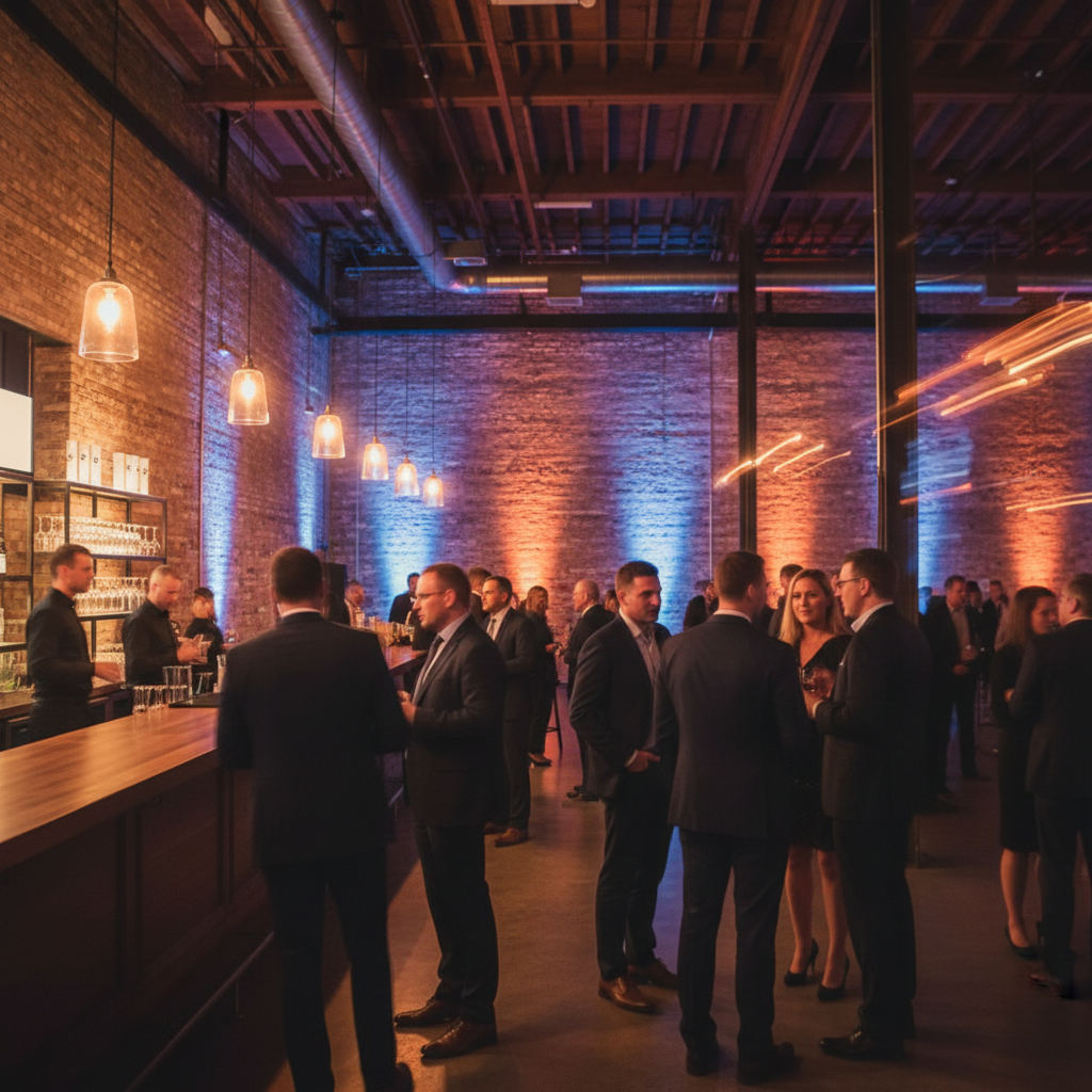 Evening company party in an industrial venue with guests talking in groups under warm pendant lighting and a long bar