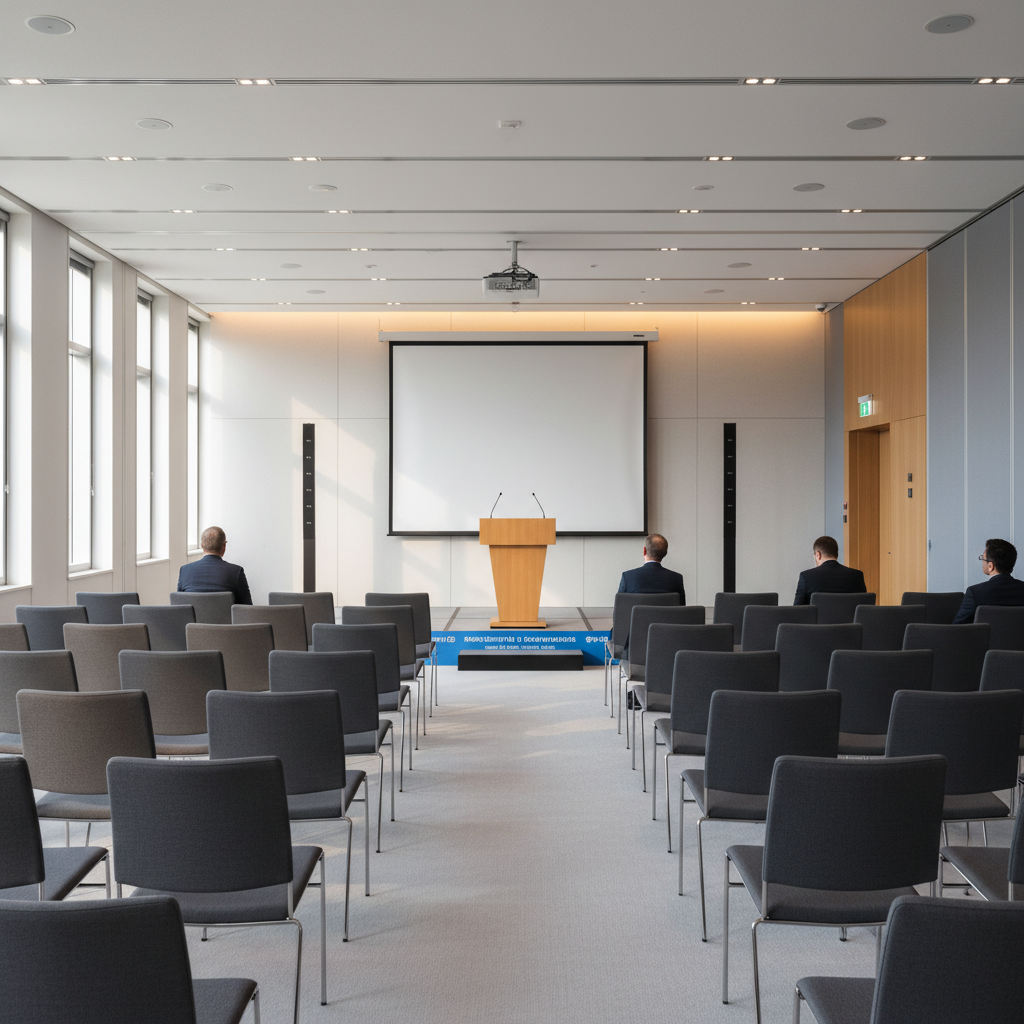 Conference room set for a seminar with rows of chairs, a lectern on a low stage, a presentation screen and line array speakers