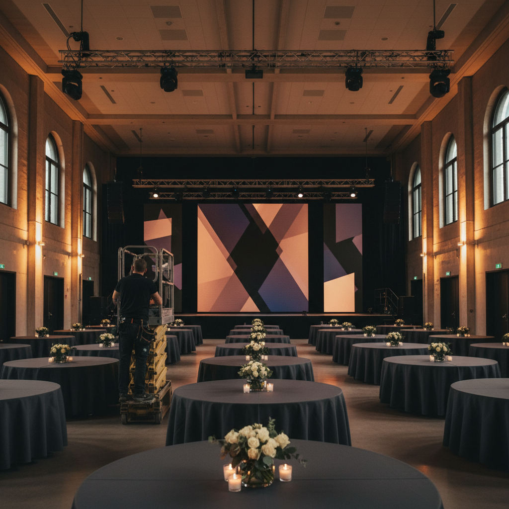Corporate event hall with a stage and LED backdrop being set up, banquet tables laid out and a crew member adjusting a light
