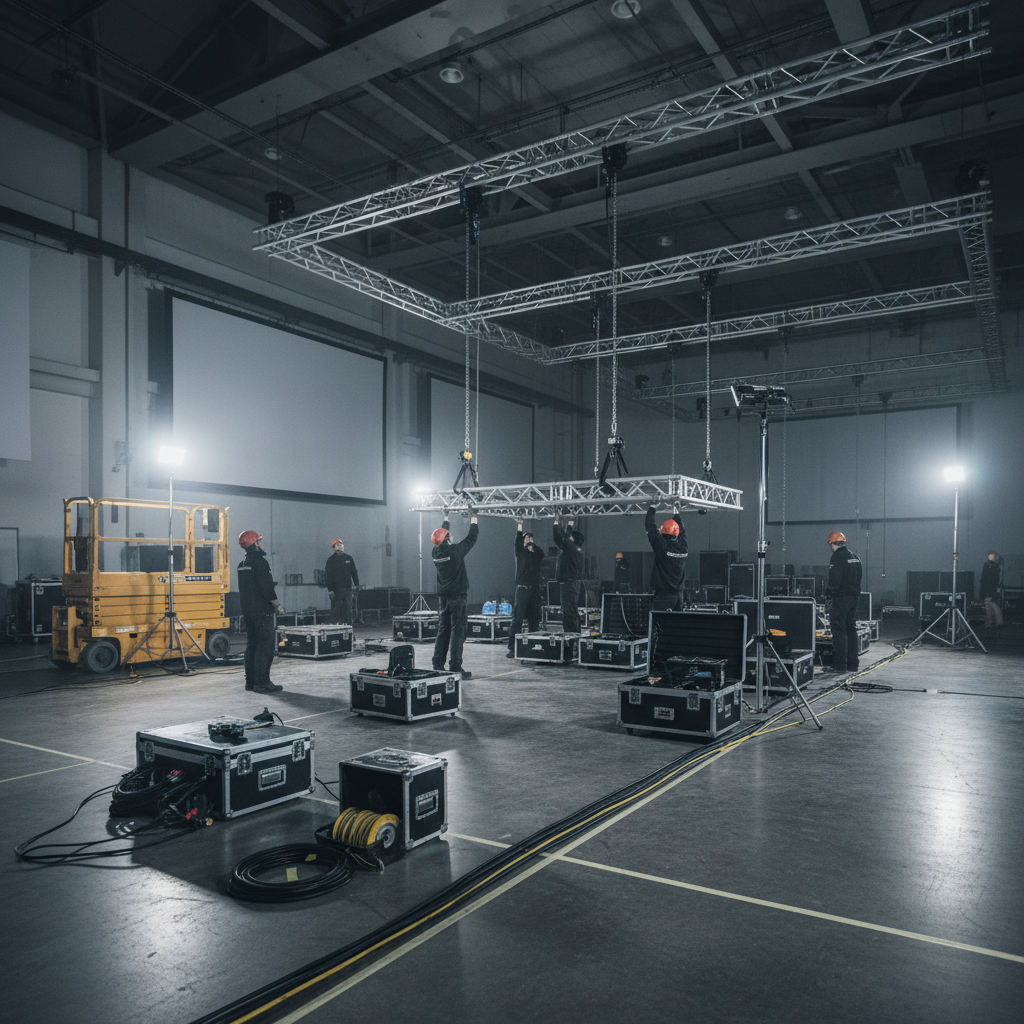 Event crew in dark workwear lifting aluminium truss and unpacking flight cases while building a stage in a conference venue
