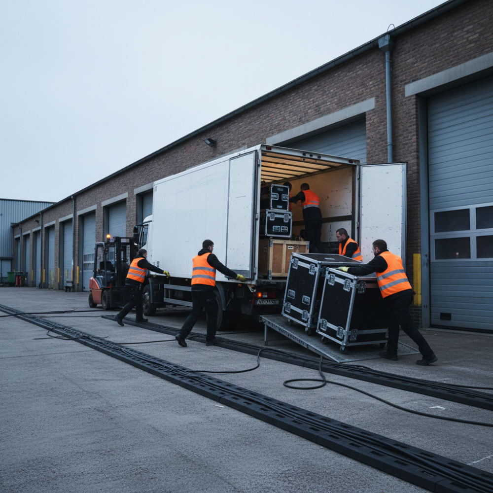 Event crew in high-visibility vests wheeling flight cases and crated equipment into a truck at a venue loading dock
