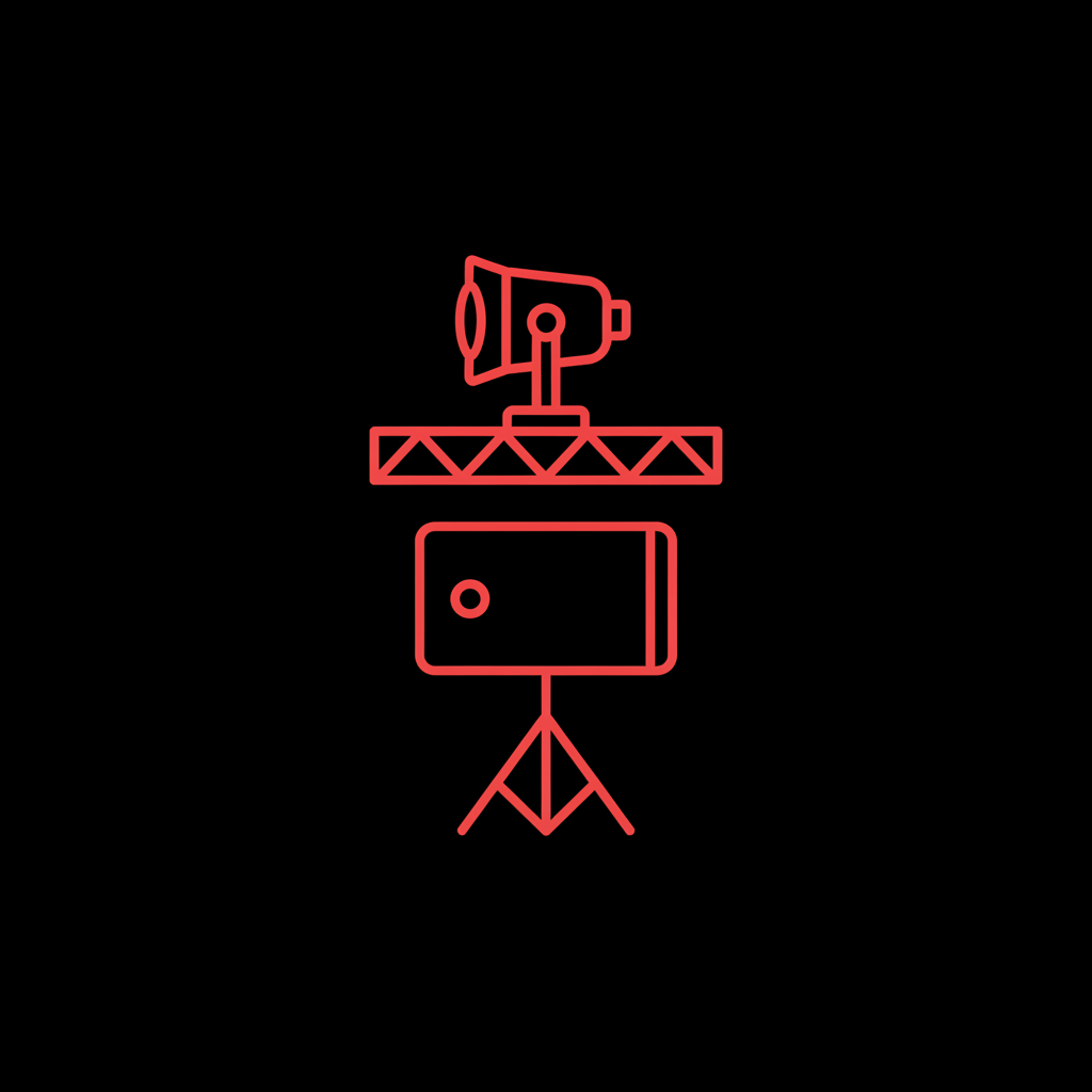 Line icon of a moving-head stage light on a truss bar above a loudspeaker on a stand