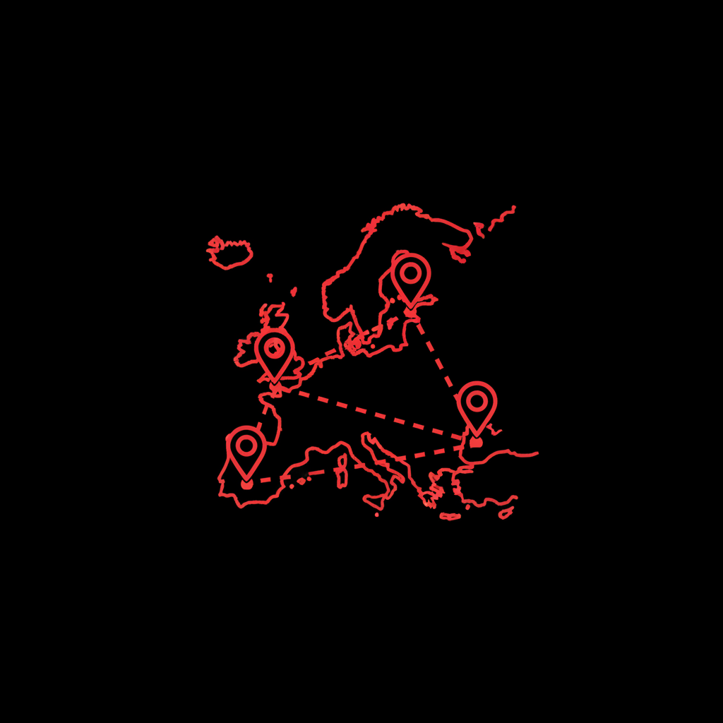 Line icon of the outline of Europe with three map pins connected by a dashed route