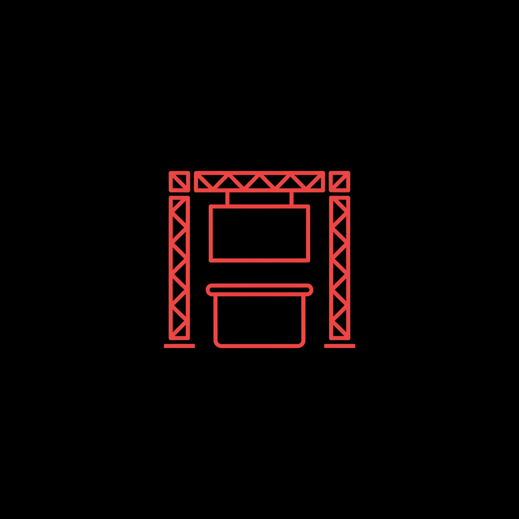 Line icon of a modular exhibition stand with a truss frame, display panel and counter