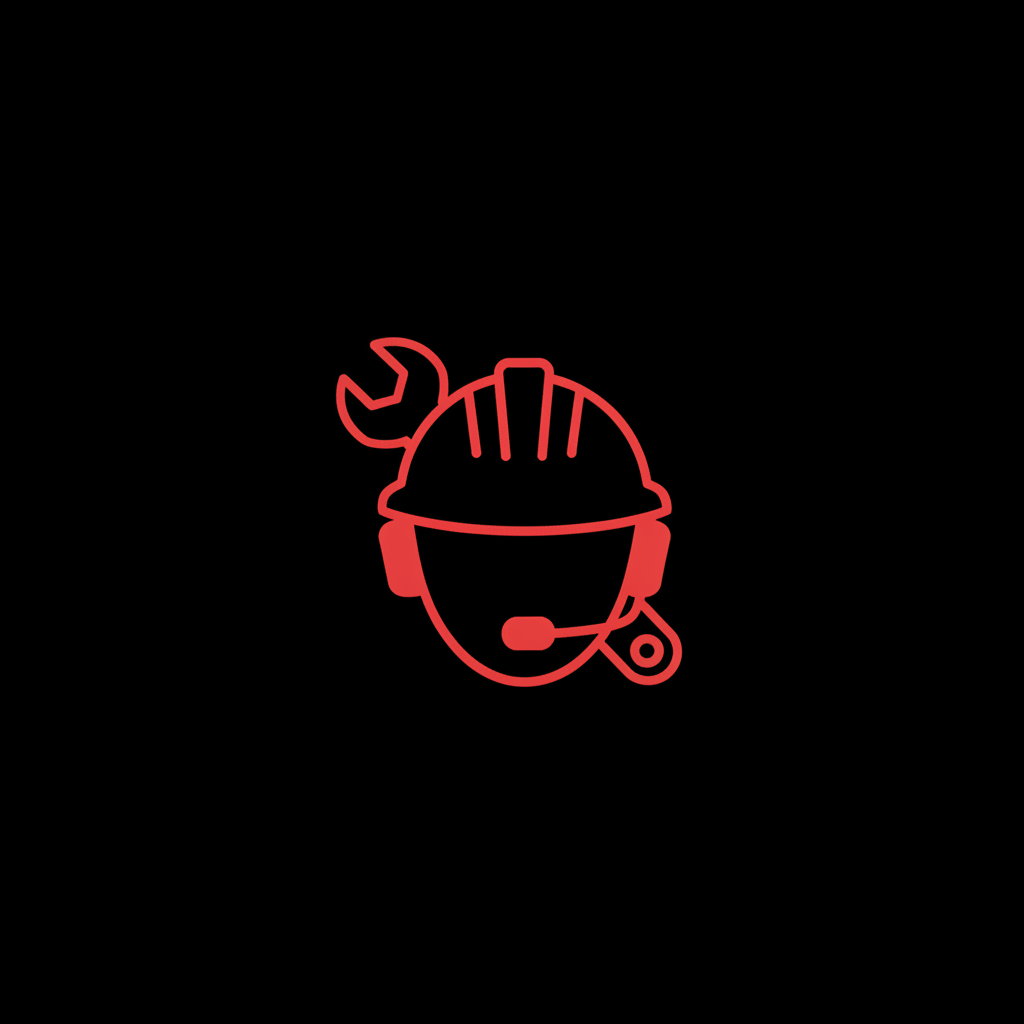 Line icon of a safety helmet with a headset microphone and a spanner behind it